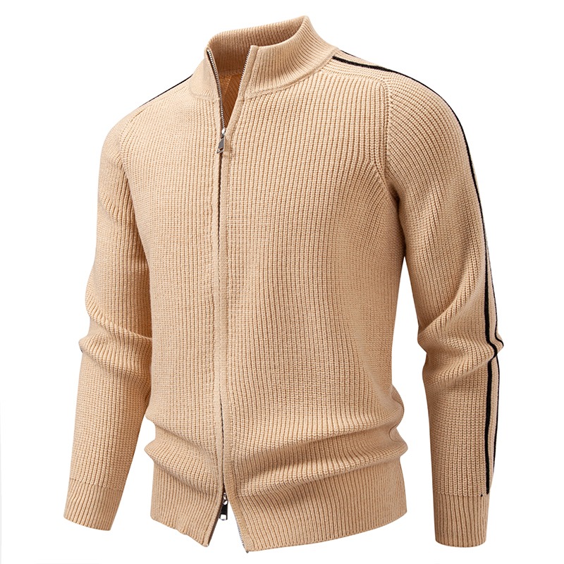 Men'S Fashion Zip Sweater - Cardigã Masculino em Malha Waffle Caqui