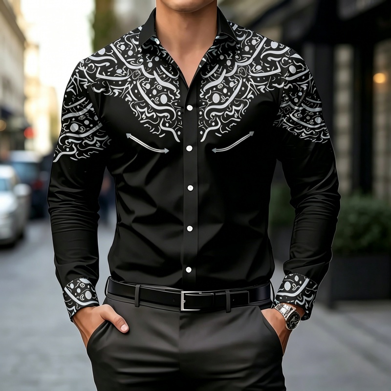 Mens Fashion Casual - Camisa com Estampa em Preto e